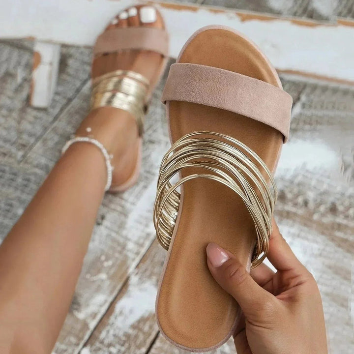Women's Flat Slip-On Double-Strap Gold Metallic Sandals