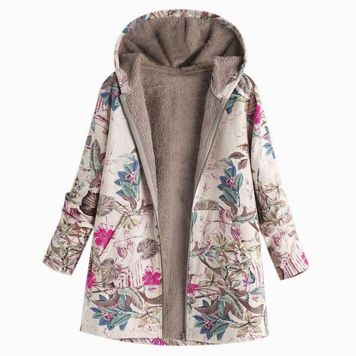Women's Fleece-Lined Hooded Floral Coat Zip-Up Winter Parka - White