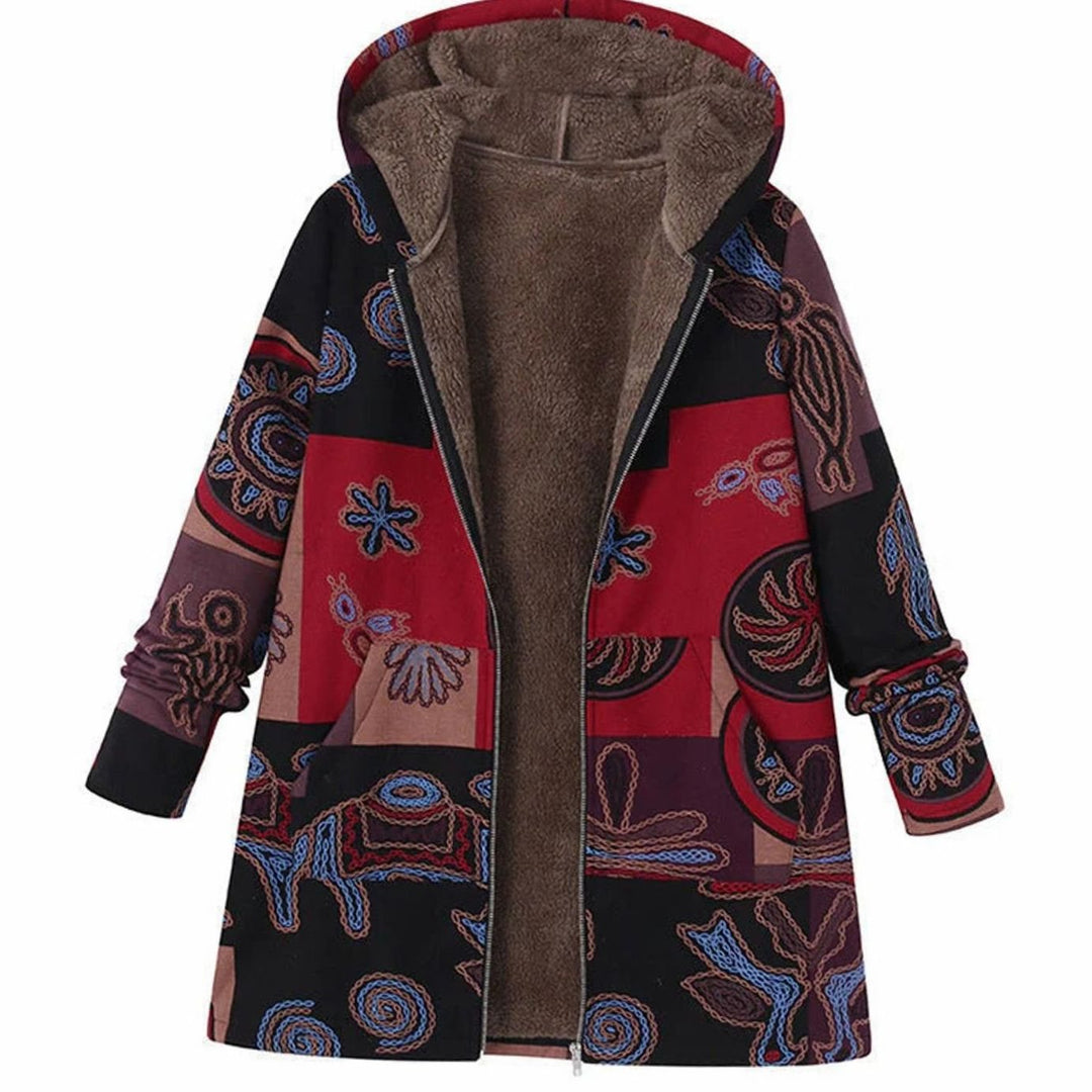 Women's Fleece-Lined Hooded Floral Coat Zip-Up Winter Parka - Brown