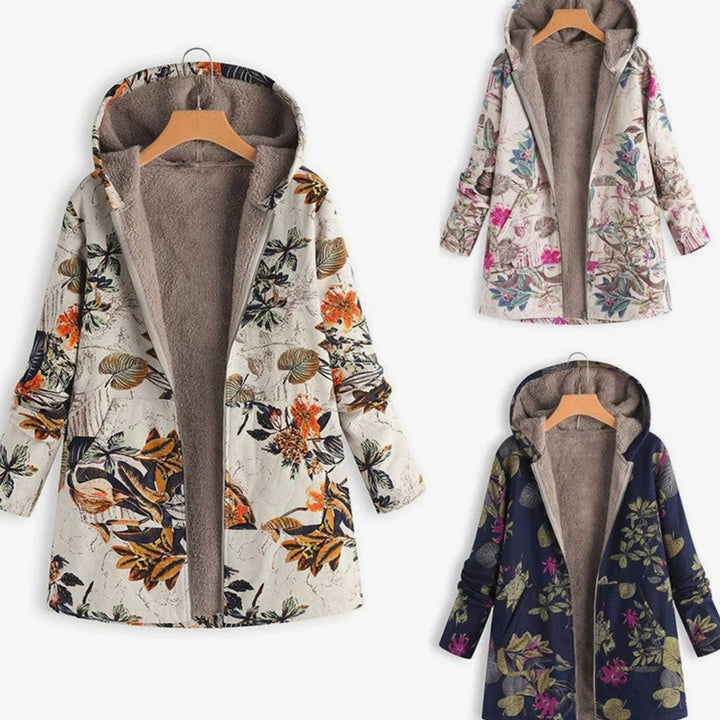Women's Fleece-Lined Hooded Floral Coat Zip-Up Winter Parka