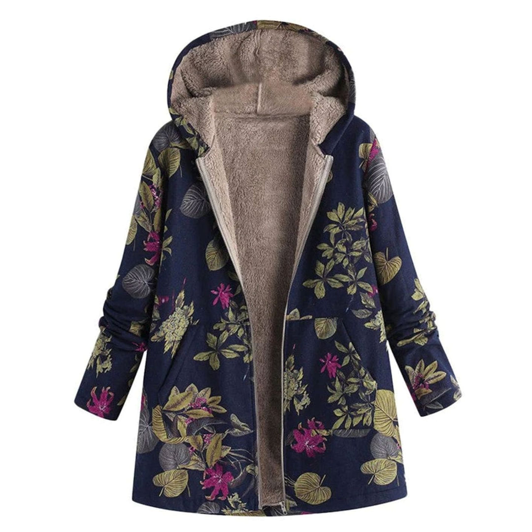 Women's Fleece-Lined Hooded Floral Coat Zip-Up Winter Parka - Blue