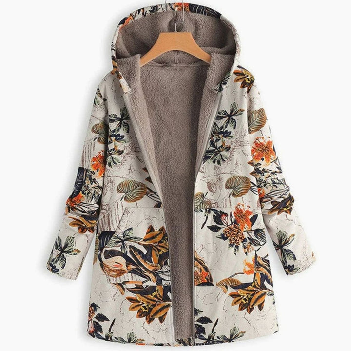 Women's Fleece-Lined Hooded Floral Coat Zip-Up Winter Parka - Beige