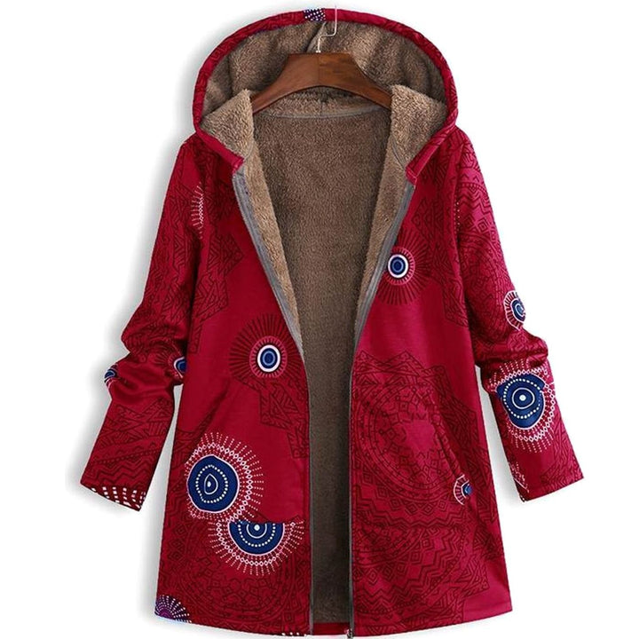 Women's Fleece-Lined Hooded Floral Coat Zip-Up Winter Parka - Red