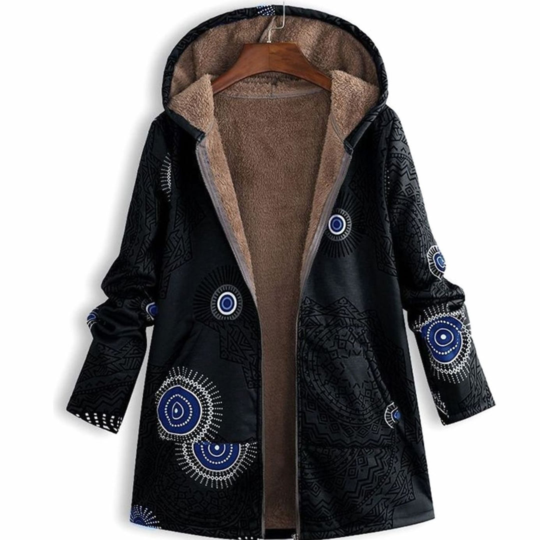 Women's Fleece-Lined Hooded Floral Coat Zip-Up Winter Parka - Black