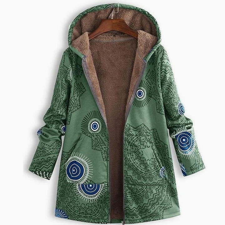 Women's Fleece-Lined Hooded Floral Coat Zip-Up Winter Parka - Green