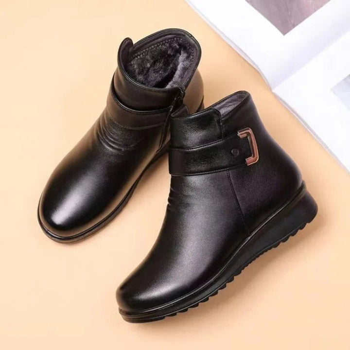 Women's Fleece-Lined Leather Buckle Strap Ankle Boots