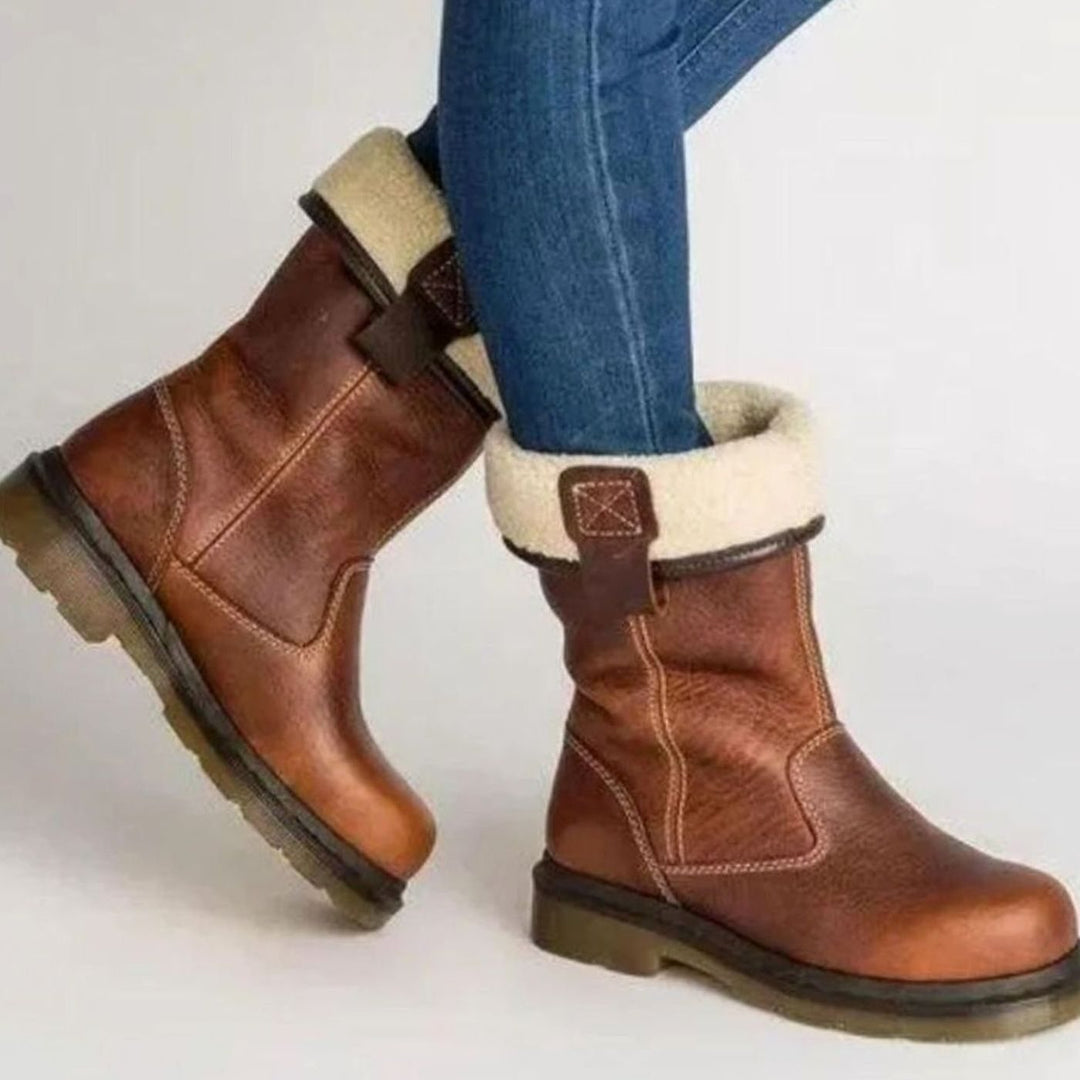 Women's Fleece-Lined Leather Winter Boots Ankle Slip-On