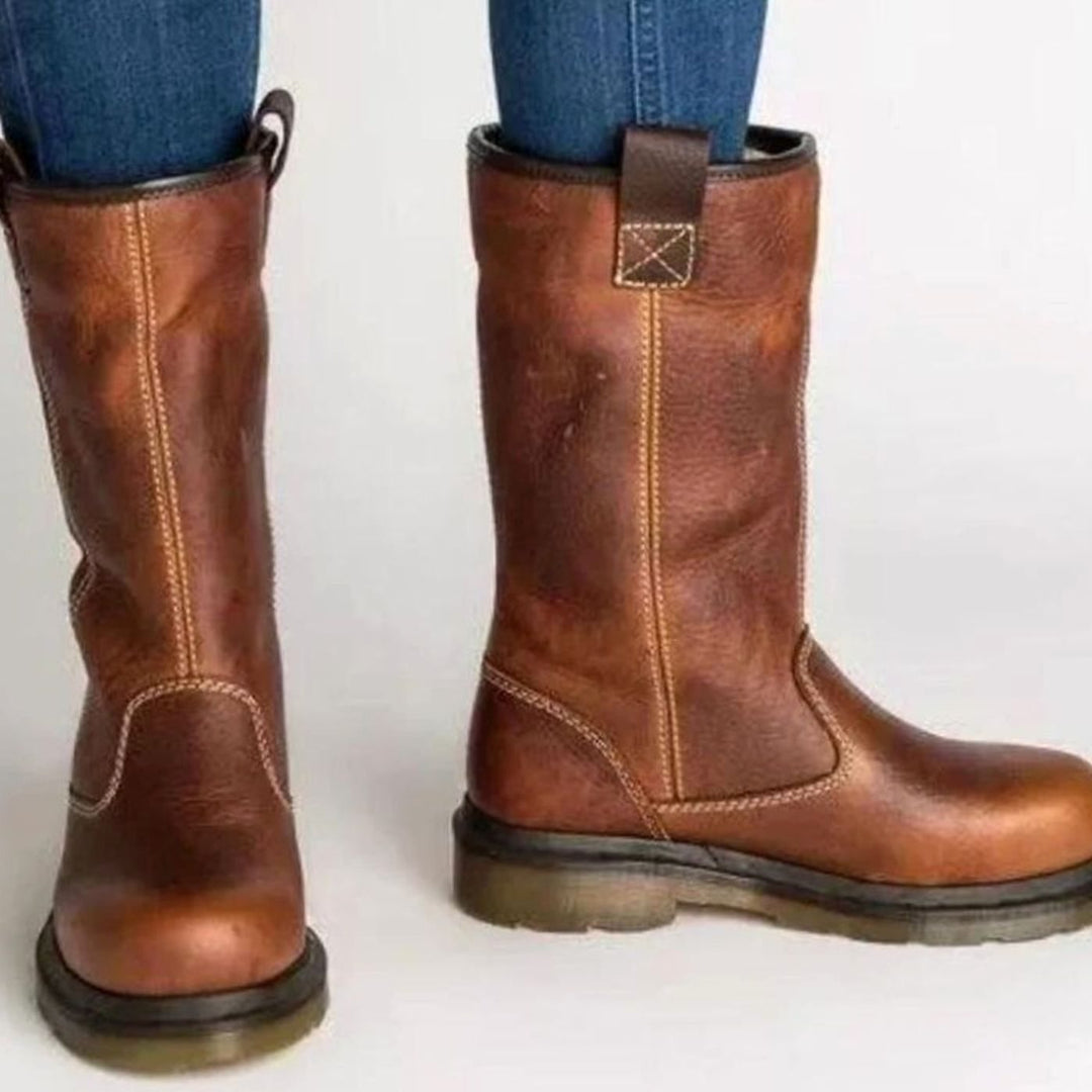 Women's Fleece-Lined Leather Winter Boots Ankle Slip-On - Brown
