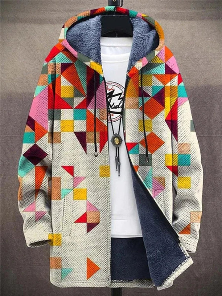 Women's Fleece-Lined Zip-Up Geometric Hooded Cardigan