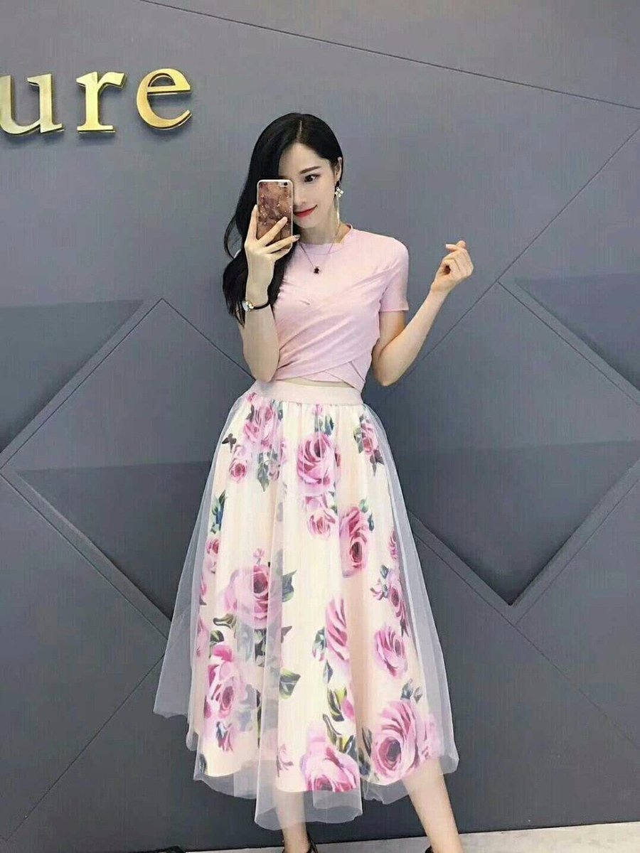 Women's Floral A-Line Crop Top Fall Midi Dress Skirt Set