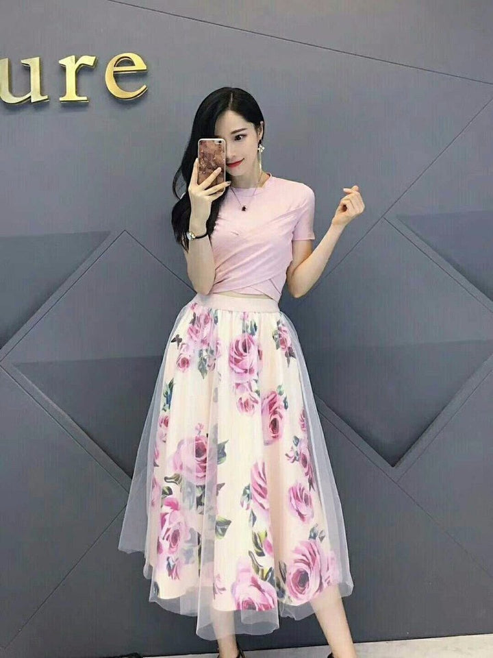 Women's Floral A-Line Crop Top Fall Midi Dress Skirt Set