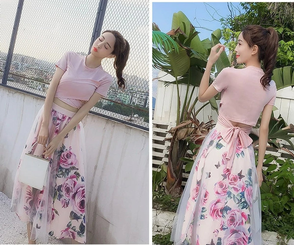 Women's Floral A-Line Crop Top Fall Midi Dress Skirt Set