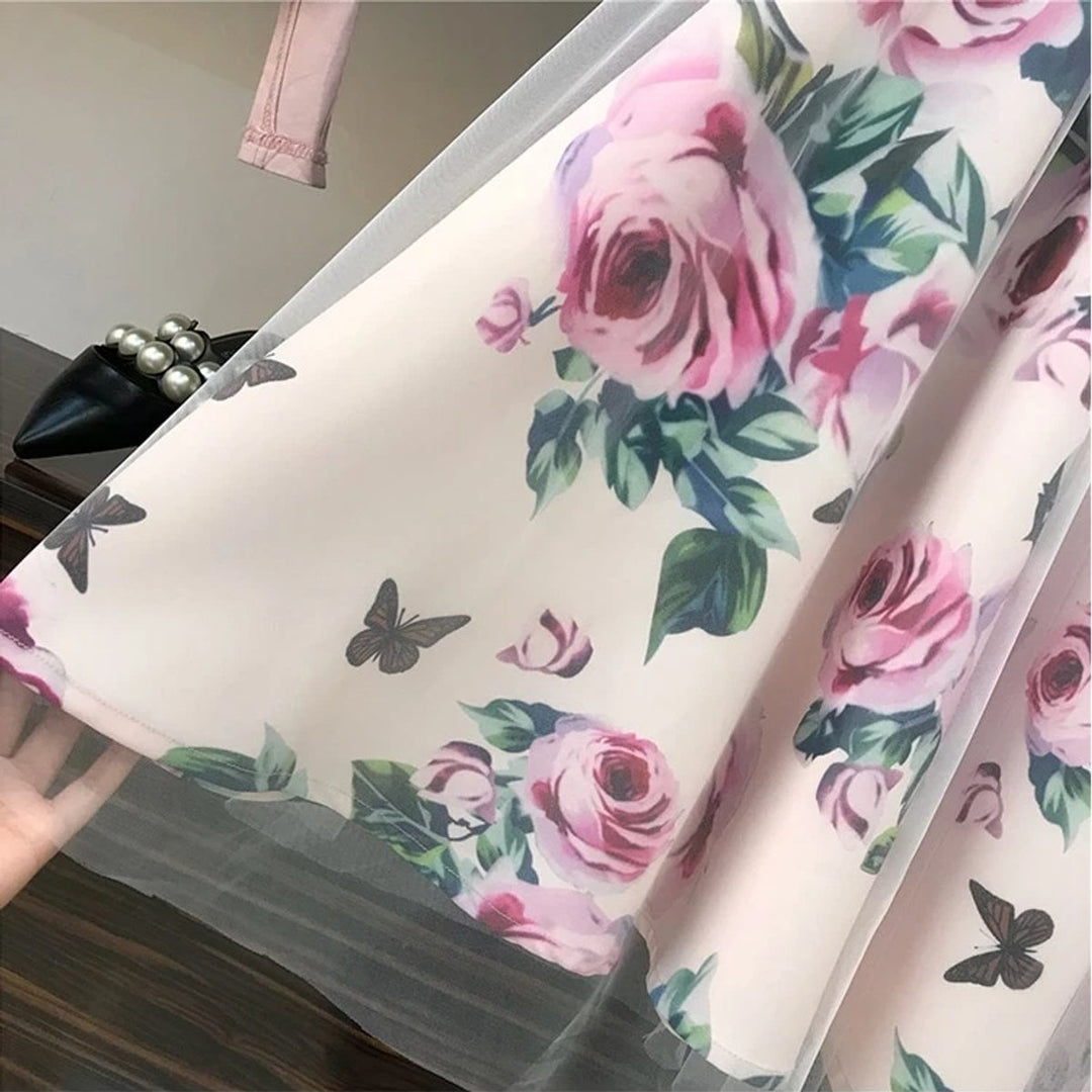 Women's Floral A-Line Crop Top Fall Midi Dress Skirt Set