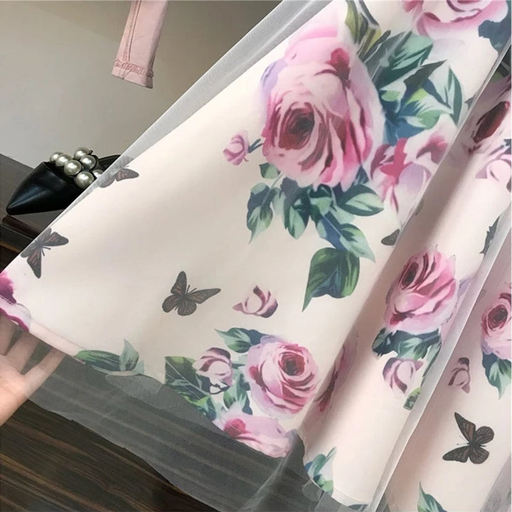 Women's Floral A-Line Crop Top Fall Midi Dress Skirt Set