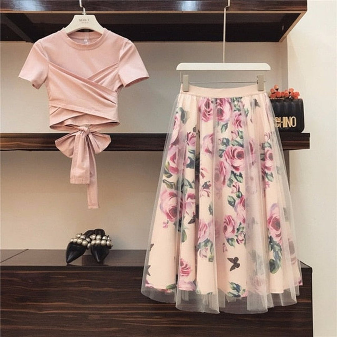 Women's Floral A-Line Crop Top Fall Midi Dress Skirt Set