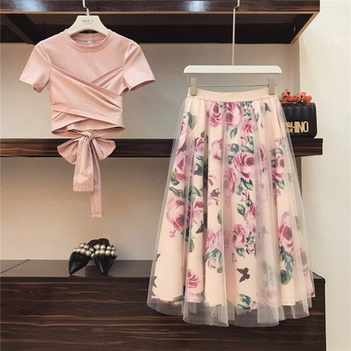 Women's Floral A-Line Crop Top Fall Midi Dress Skirt Set