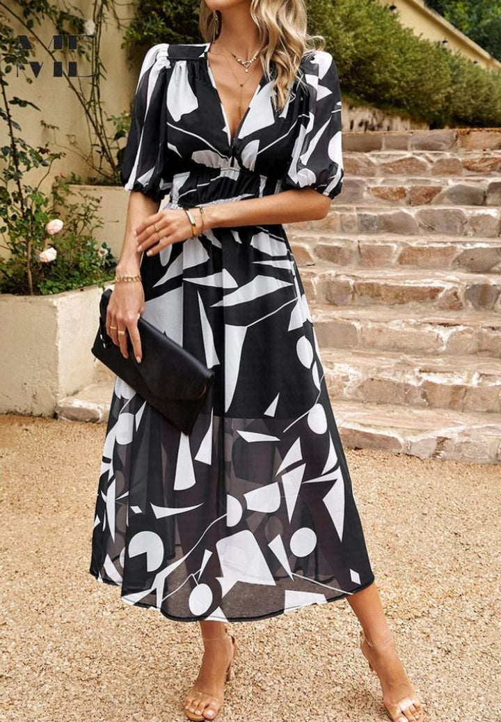 Women's Floral A-Line V-Neck Midi Formal Dress Short Sleeve