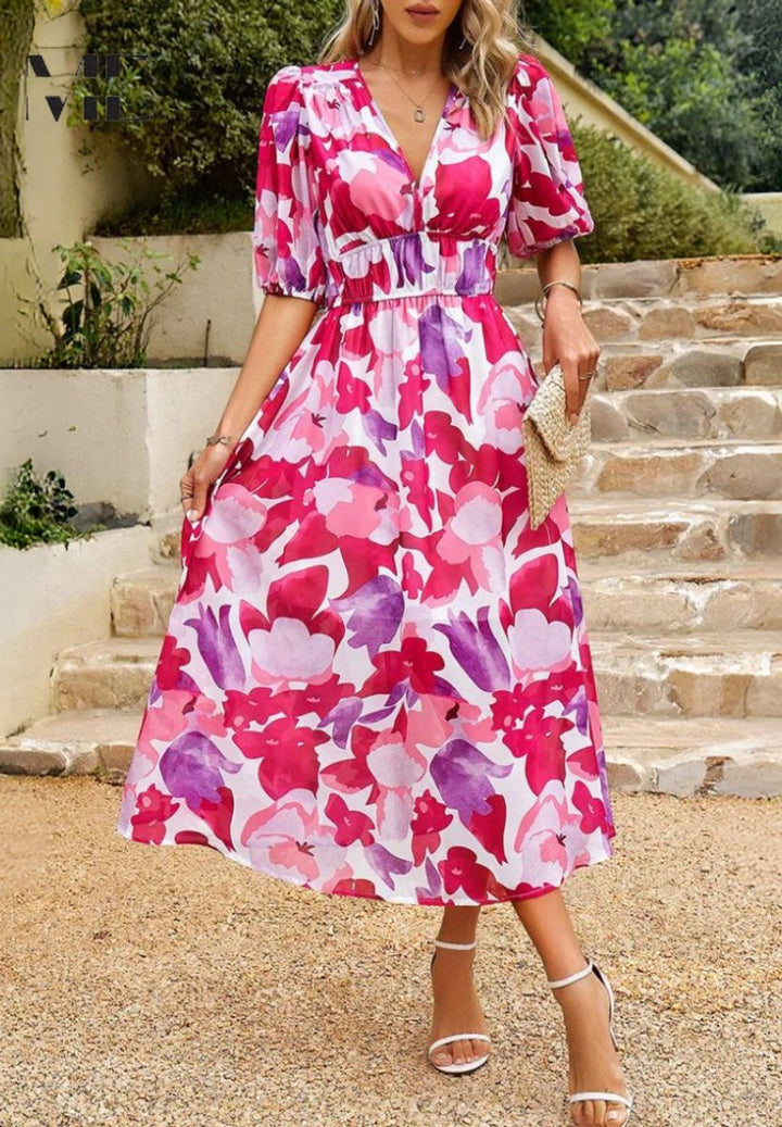 Women's Floral A-Line V-Neck Midi Formal Dress Short Sleeve