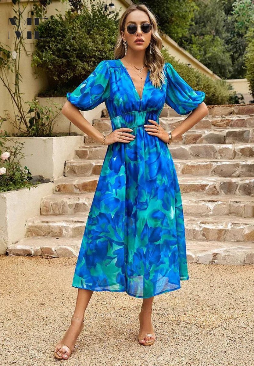 Women's Floral A-Line V-Neck Midi Formal Dress Short Sleeve