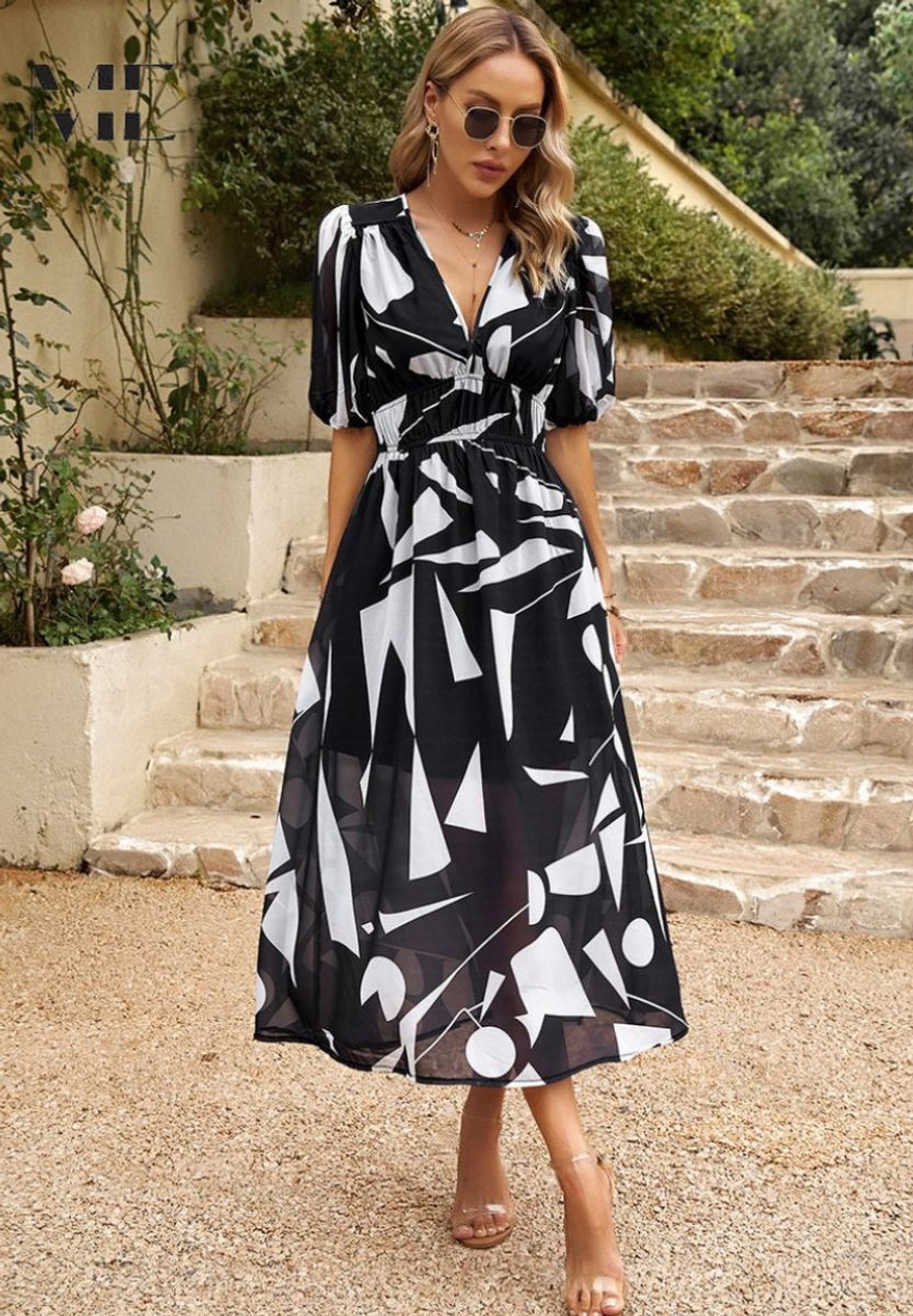 Women's Floral A-Line V-Neck Midi Formal Dress Short Sleeve