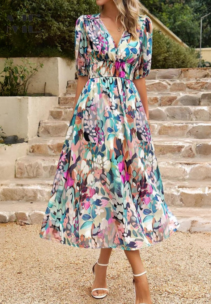 Women's Floral A-Line V-Neck Midi Formal Dress Short Sleeve
