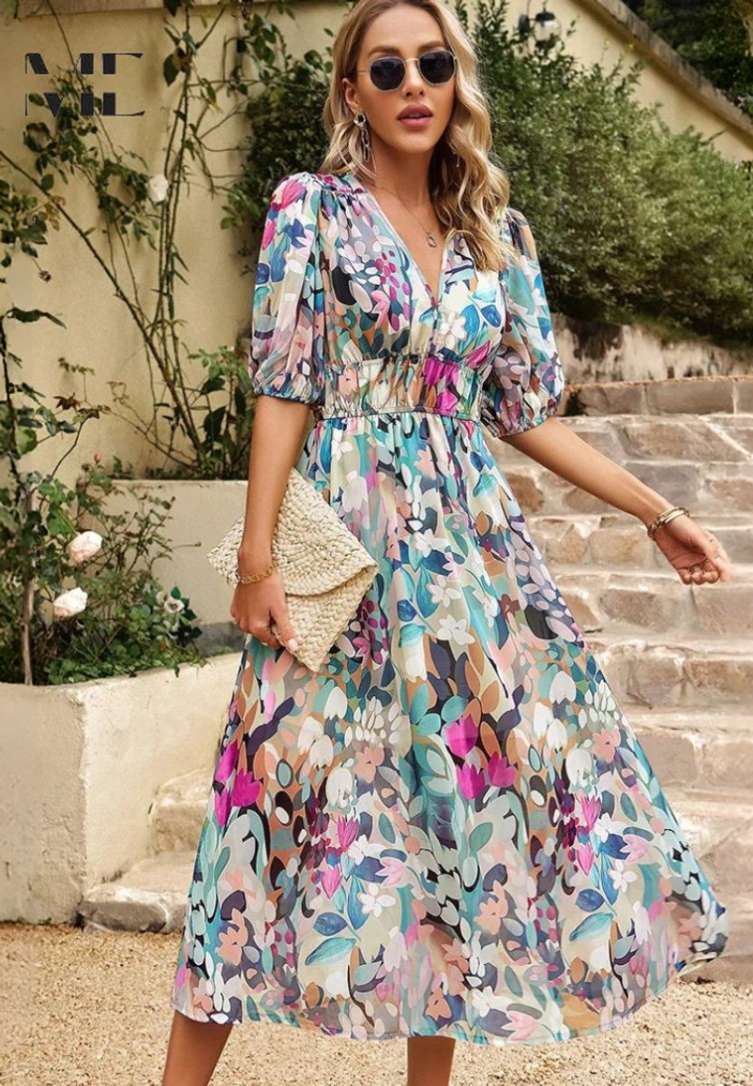 Women's Floral A-Line V-Neck Midi Formal Dress Short Sleeve
