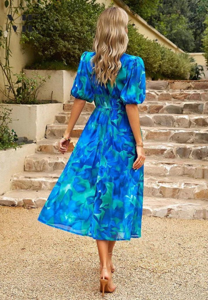 Women's Floral A-Line V-Neck Midi Formal Dress Short Sleeve