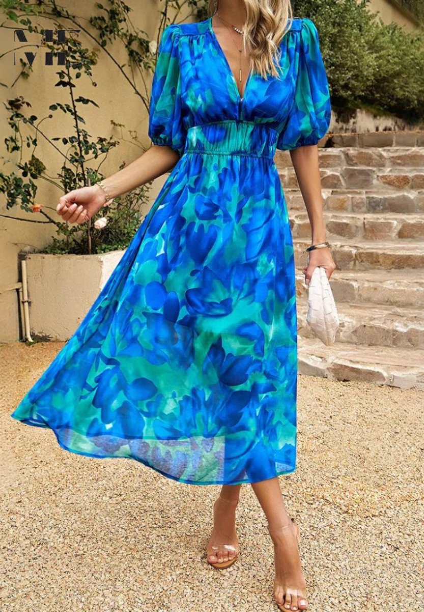 Women's Floral A-Line V-Neck Midi Formal Dress Short Sleeve