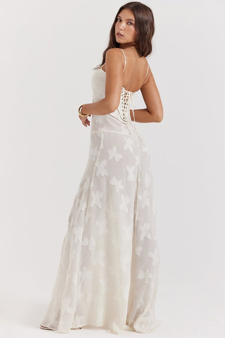 Women's Floral Appliqué Corset Fall Wedding Guest Dress Maxi Gown