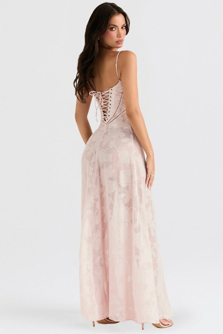 Women's Floral Appliqué Corset Fall Wedding Guest Dress Maxi Gown