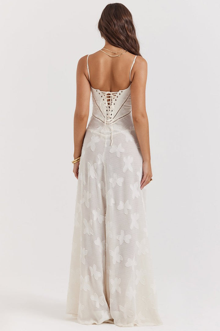 Women's Floral Appliqué Corset Fall Wedding Guest Dress Maxi Gown