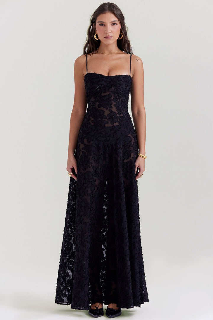 Women's Floral Appliqué Corset Fall Wedding Guest Dress Maxi Gown