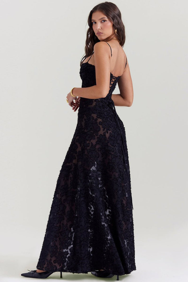 Women's Floral Appliqué Corset Fall Wedding Guest Dress Maxi Gown