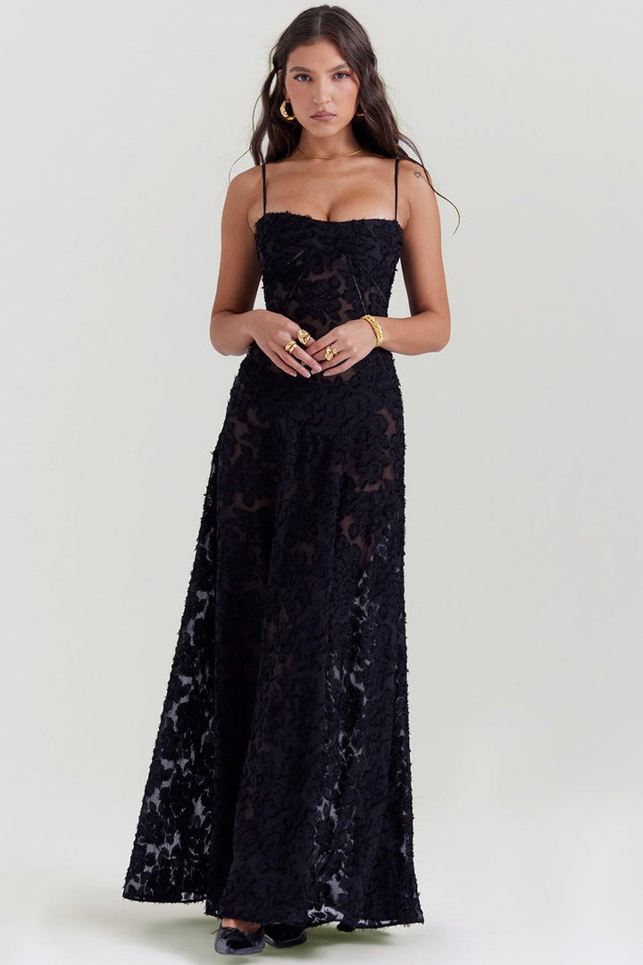 Women's Floral Appliqué Corset Fall Wedding Guest Dress Maxi Gown