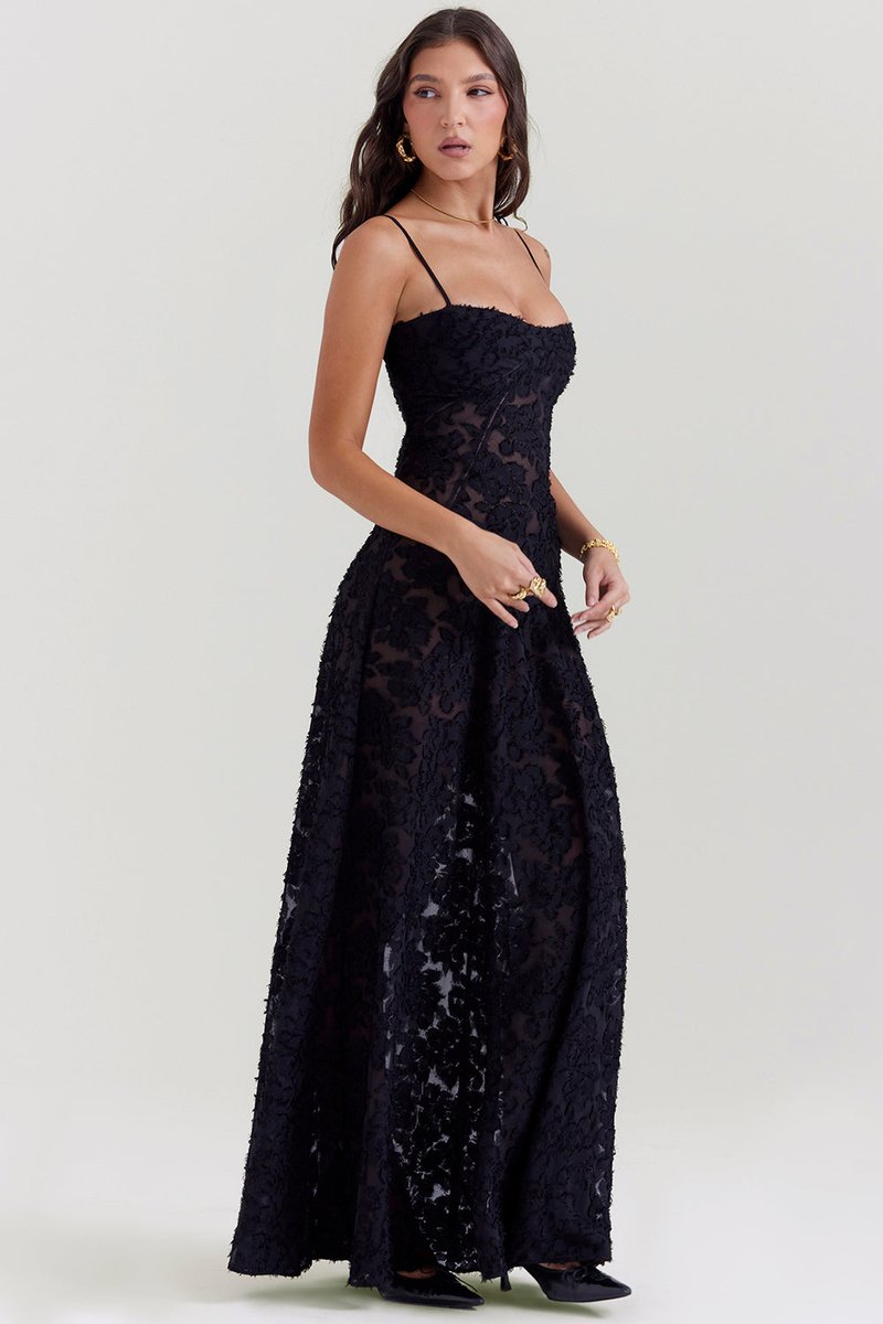 Women's Floral Appliqué Corset Fall Wedding Guest Dress Maxi Gown
