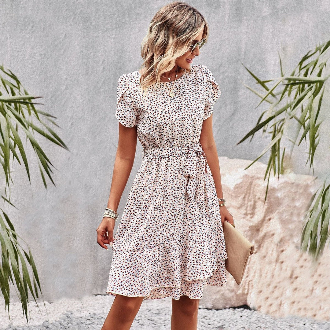 Women's Floral Belted A-Line Fall Midi Dress Short Sleeve