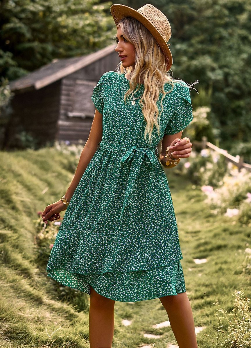 Women's Floral Belted A-Line Fall Midi Dress Short Sleeve