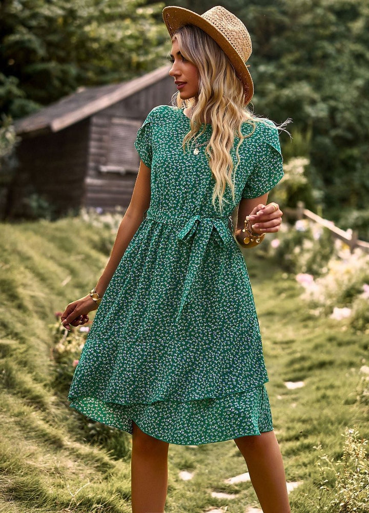 Women's Floral Belted A-Line Fall Midi Dress Short Sleeve