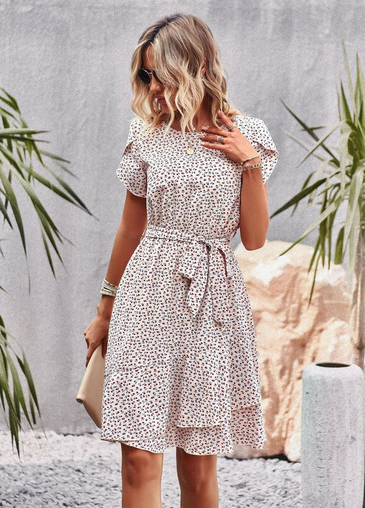 Women's Floral Belted A-Line Fall Midi Dress Short Sleeve