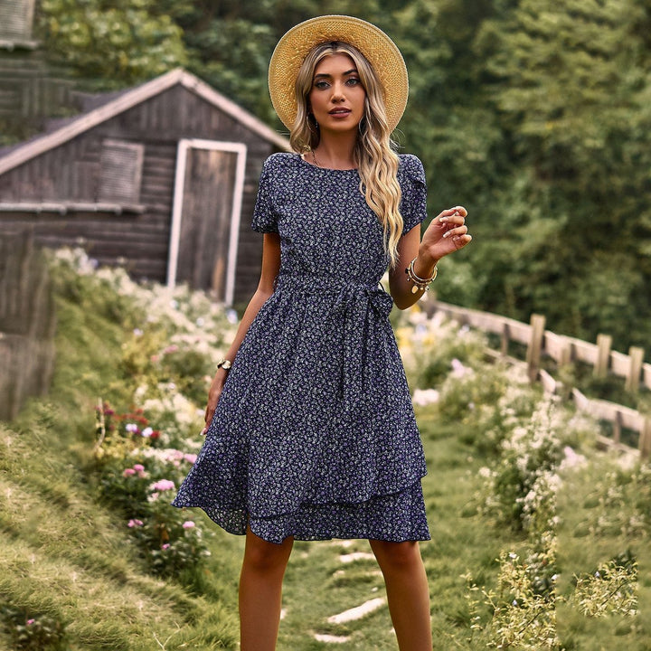 Women's Floral Belted A-Line Fall Midi Dress Short Sleeve
