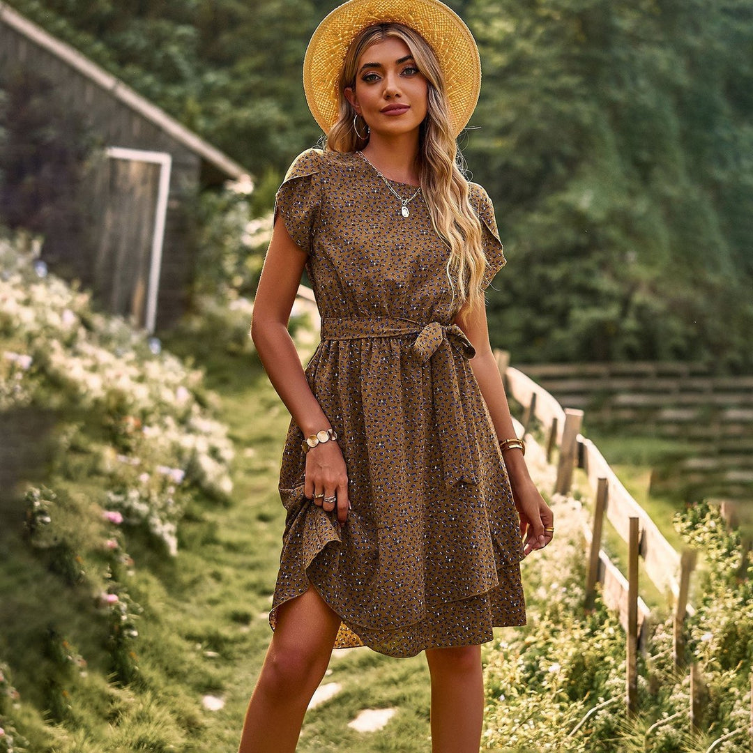 Women's Floral Belted A-Line Fall Midi Dress Short Sleeve