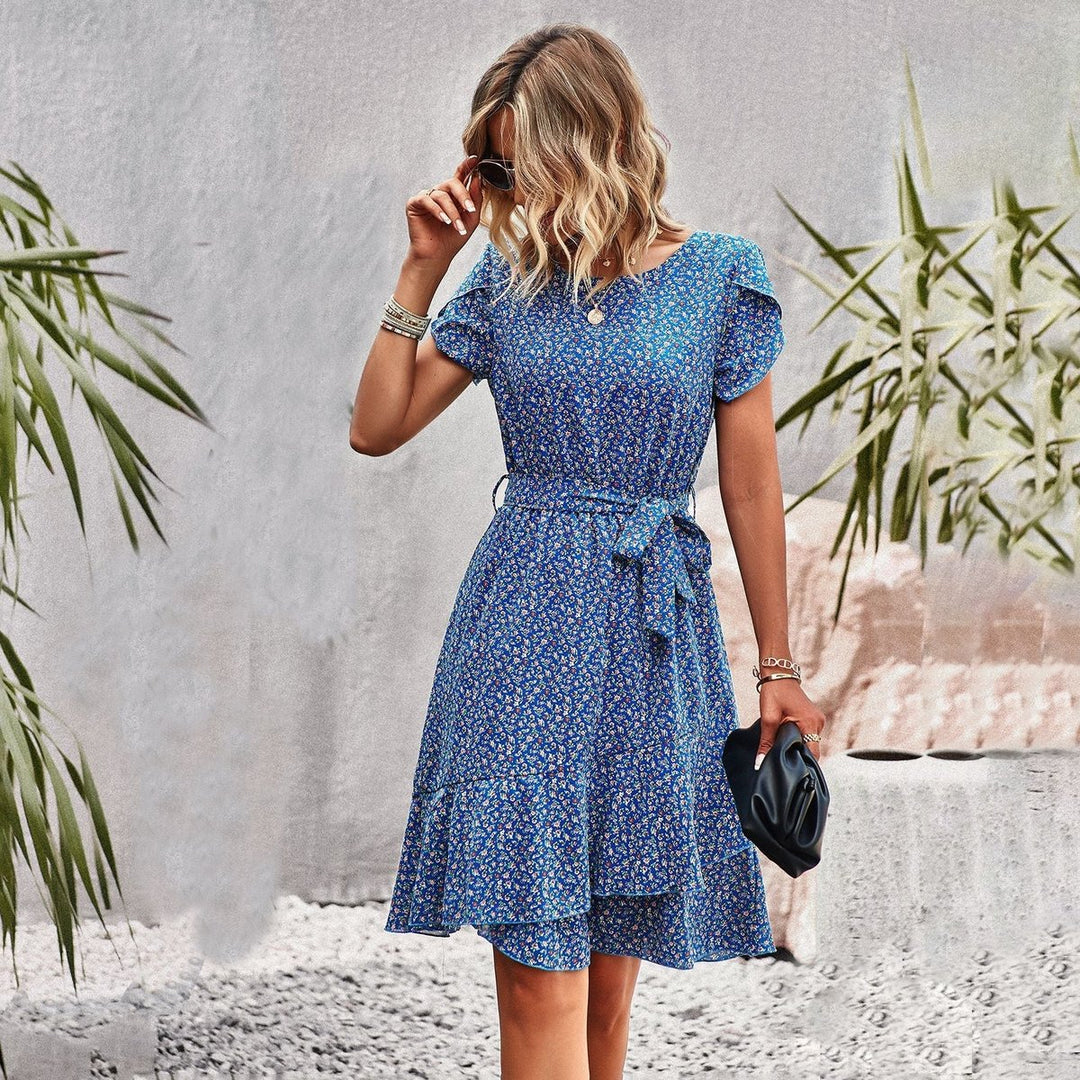 Women's Floral Belted A-Line Fall Midi Dress Short Sleeve
