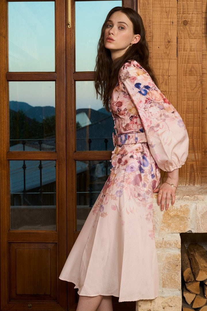 Women's Floral Belted Balloon-Sleeve Fall Midi Dress