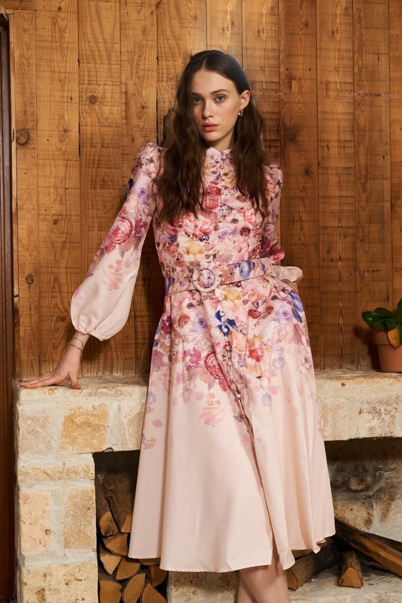 Women's Floral Belted Balloon-Sleeve Fall Midi Dress
