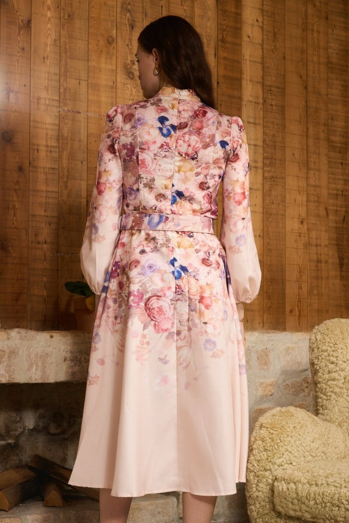 Women's Floral Belted Balloon-Sleeve Fall Midi Dress