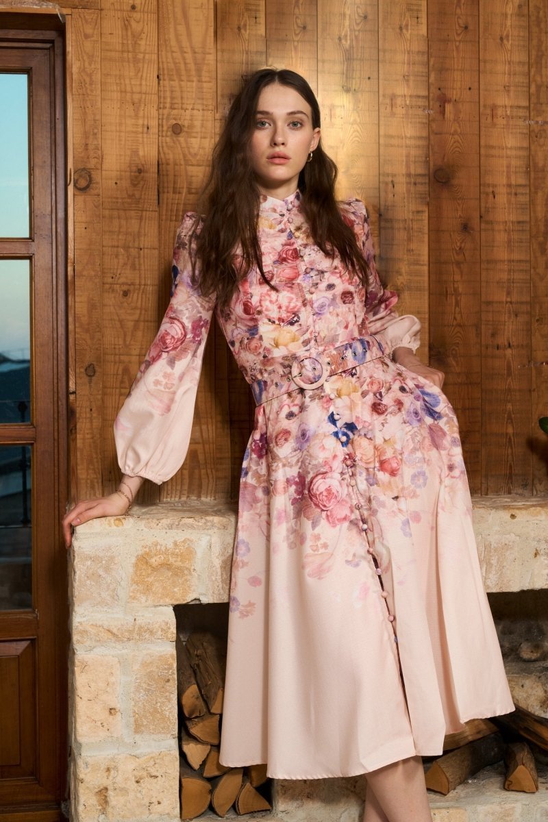 Women's Floral Belted Balloon-Sleeve Fall Midi Dress
