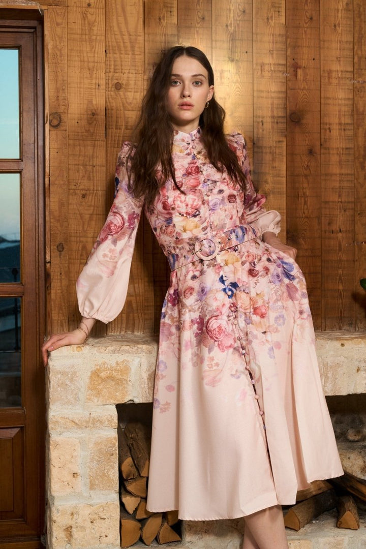 Women's Floral Belted Balloon-Sleeve Fall Midi Dress