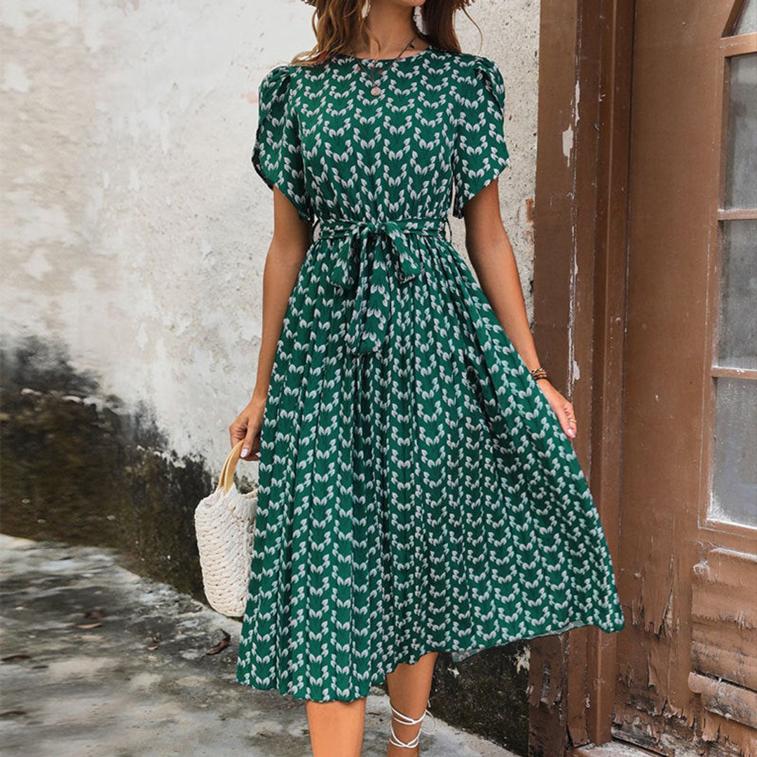 Women's Floral Belted Pleated Fall Midi Dress Puff Sleeve