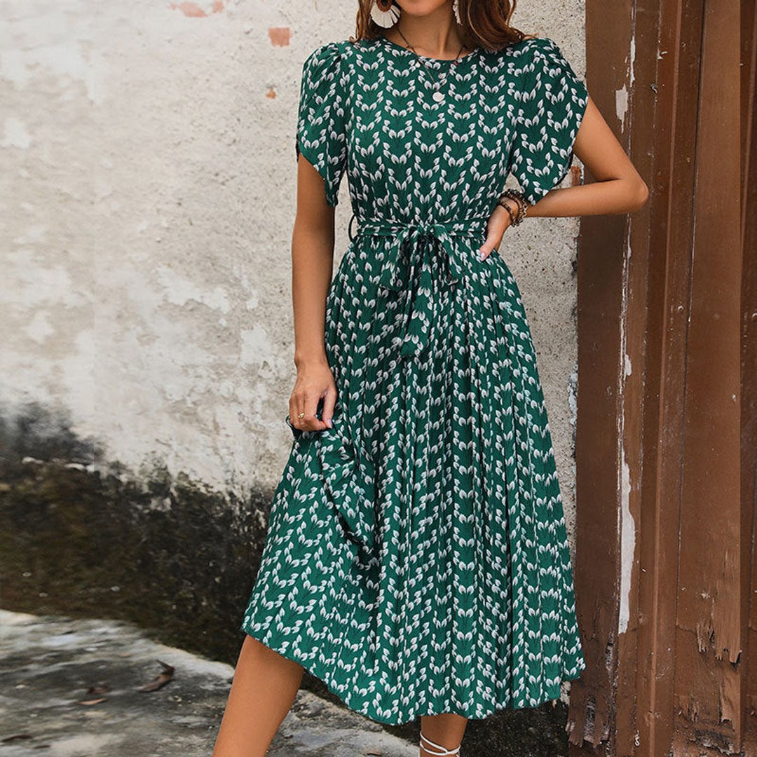 Women's Floral Belted Pleated Fall Midi Dress Puff Sleeve