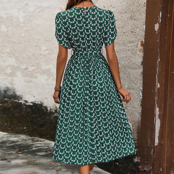 Women's Floral Belted Pleated Fall Midi Dress Puff Sleeve